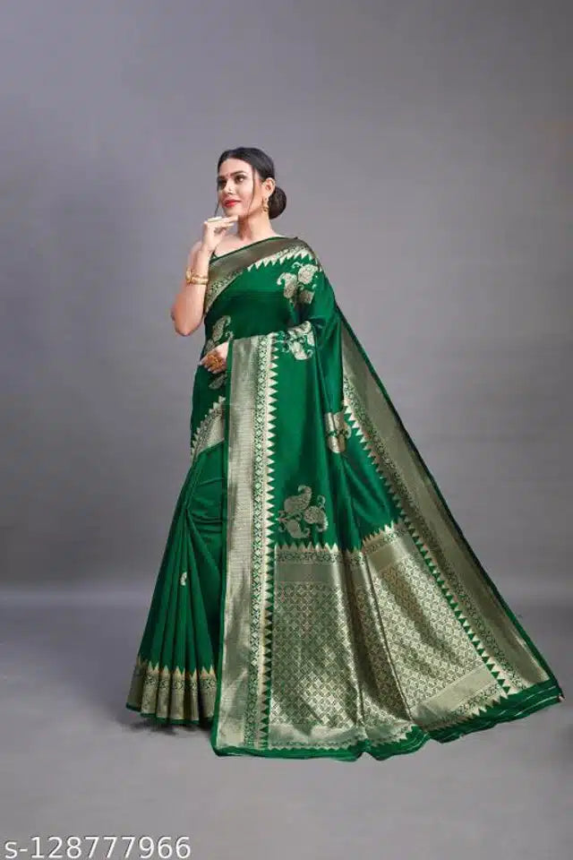 Banarsi Silk Saree For Women (Green, 6.3m) - Omega Cart