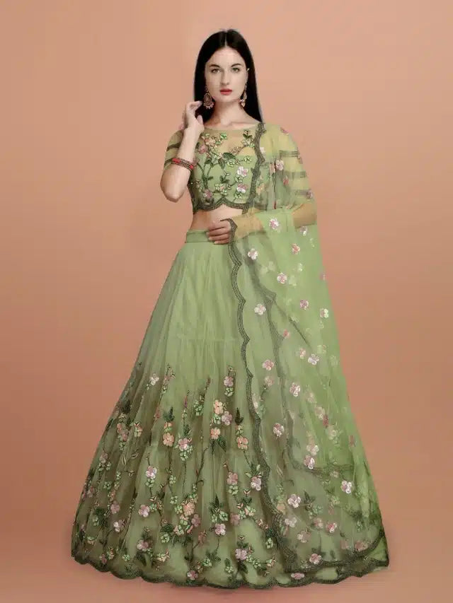 Net Embroidred Semi Stiched Lehenga Choli for Women (Green) - Omega Cart