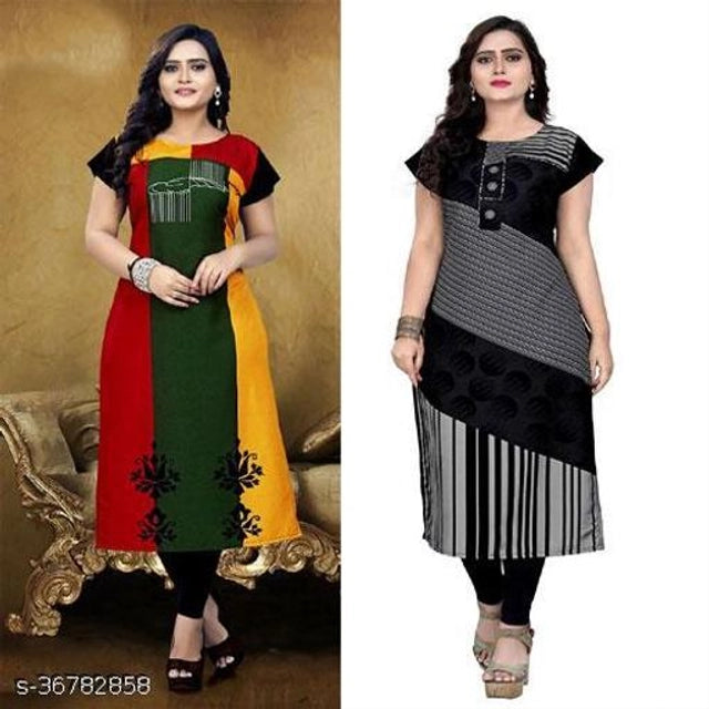 Crepe Printed Kurti for Women (Green & Grey, (Pack of 2) - Omega Cart