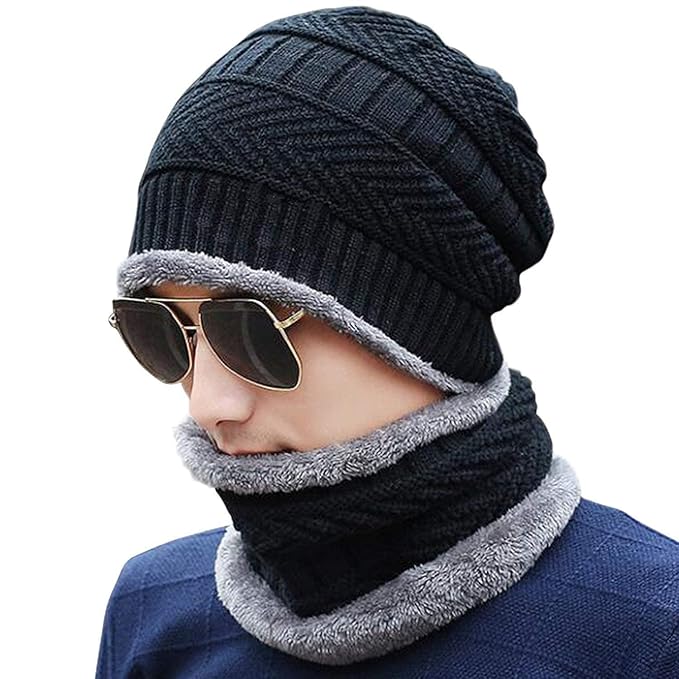 Woolen Winter Cap Beanie Hat with Neck Warmer Set (Multicolor, Set of 1) - Omega Cart