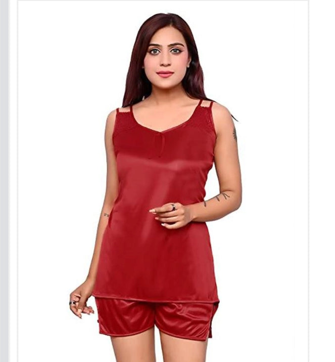 Satin Nightdress Set for Women (Red, M) - Omega Cart