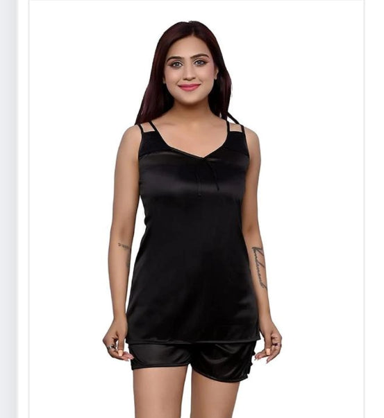 Satin Nightdress Set for Women (Black, M) - Omega Cart