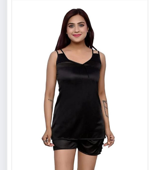 Satin Nightdress Set for Women (Black, M) - Omega Cart