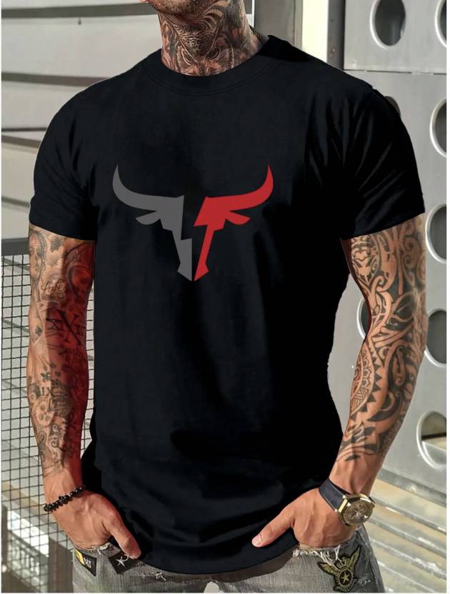 Men Printed Round Neck Polyester Black T-Shirt - Omega Cart