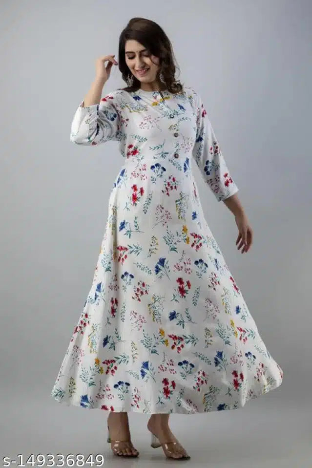 Anarkali Rayon Printed Kurti for Women (White & Blue, M) - Omega Cart