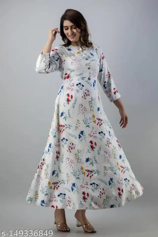 Anarkali Rayon Printed Kurti for Women (White & Blue, M) - Omega Cart