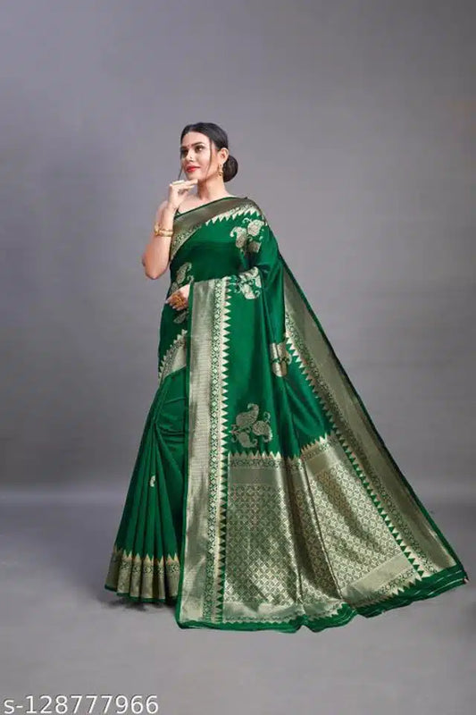 Banarsi Silk Saree For Women (Green, 6.3m) - Omega Cart