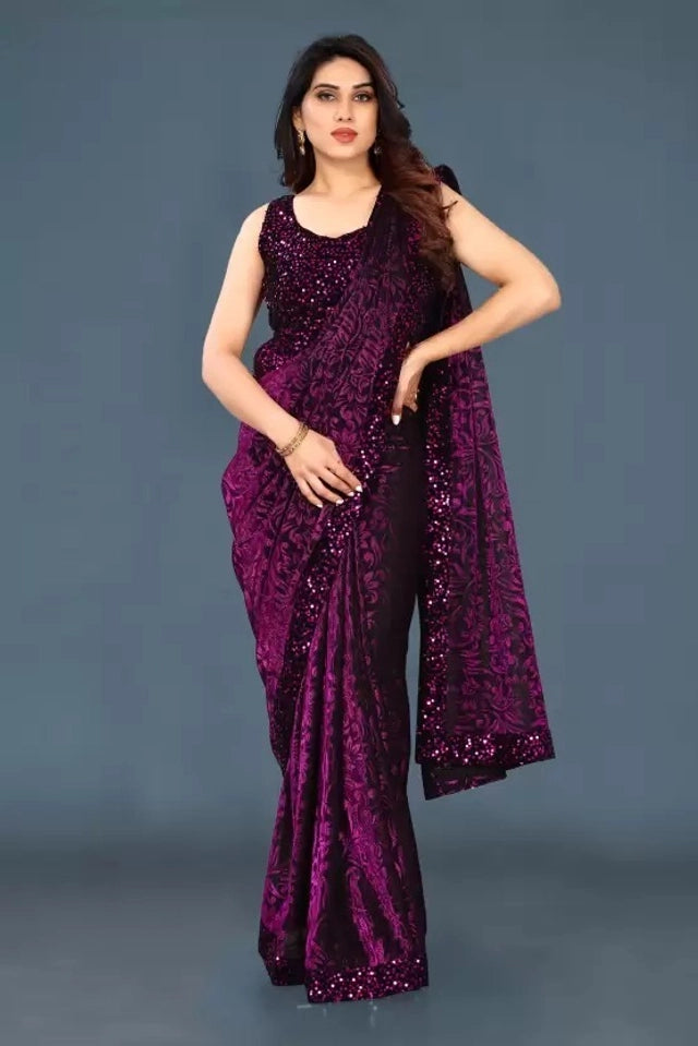 Lycra Blend Solid Saree for Women (Purple, 6.3 m) - Omega Cart