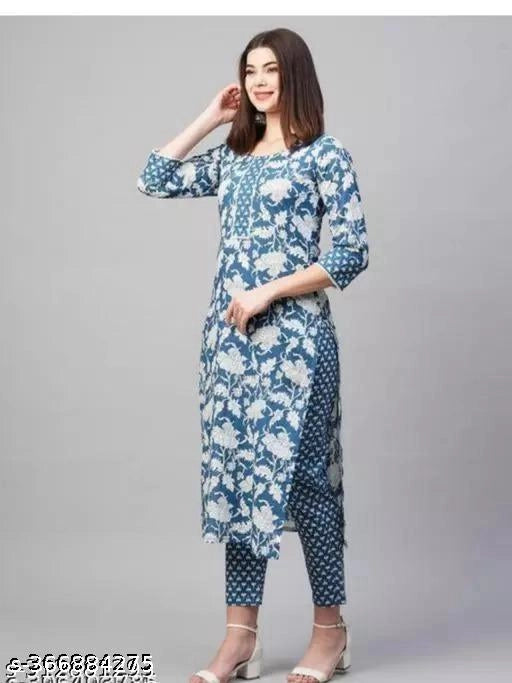 Cotton Printed Kurti with Pant for Women (Multicolor) - Omega Cart