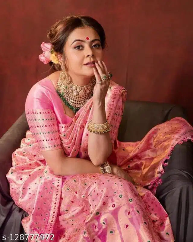 Jacquard Saree For Women (Pink, 6.3m) - Omega Cart