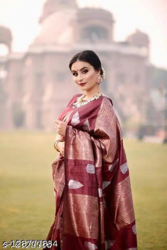 Banarsi Silk Saree For Women (Maroon, 6.3m) - Omega Cart