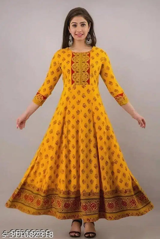 Anarkali Rayon Printed Kurti for Women (Orange, S) - Omega Cart