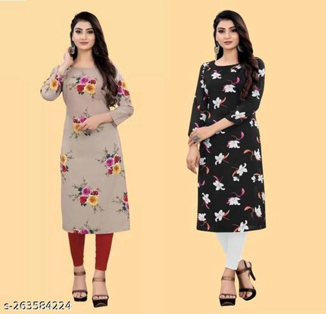 Crepe Printed Kurti for Women (Brown & Black, S) (Pack of 2) - Omega Cart