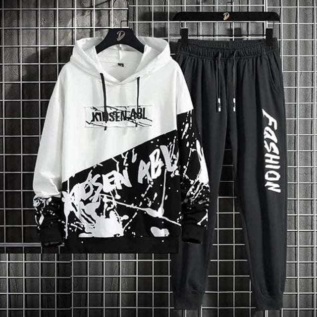 Fleece Printed Tracksuit for Men (Black & White) - Omega Cart