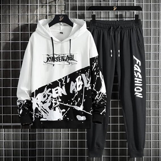 Fleece Printed Tracksuit for Men (Black & White) - Omega Cart