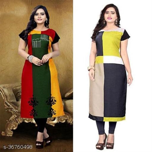 Crepe Printed Kurti for Women (Green & Yellow, M) (Pack of 2) - Omega Cart